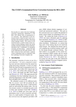 The CUED's Grammatical Error Correction Systems for BEA-2019