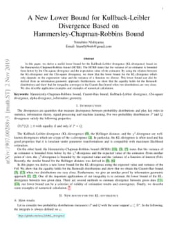 A New Lower Bound for Kullback-Leibler Divergence Based on
  Hammersley-Chapman-Robbins Bound