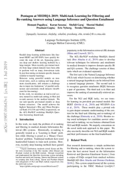 Pentagon at MEDIQA 2019: Multi-task Learning for Filtering and
  Re-ranking Answers using Language Inference and Question Entailment
