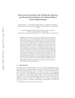 Adversarial Learning with Multiscale Features and Kernel Factorization
  for Retinal Blood Vessel Segmentation