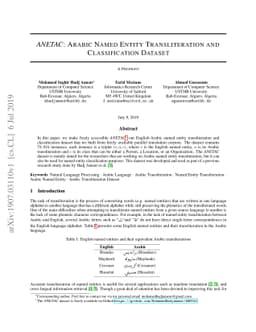 ANETAC: Arabic Named Entity Transliteration and Classification Dataset