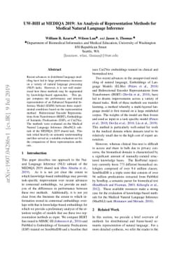 UW-BHI at MEDIQA 2019: An Analysis of Representation Methods for Medical
  Natural Language Inference
