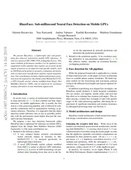 BlazeFace: Sub-millisecond Neural Face Detection on Mobile GPUs