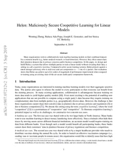 Helen: Maliciously Secure Coopetitive Learning for Linear Models