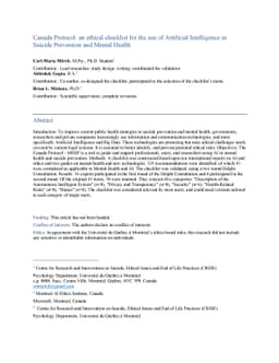 Canada Protocol: an ethical checklist for the use of Artificial
  Intelligence in Suicide Prevention and Mental Health