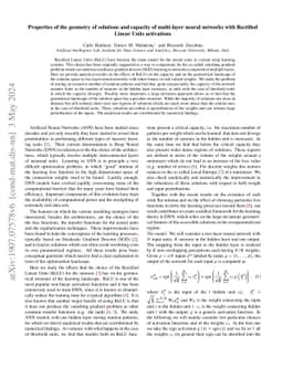 Properties of the geometry of solutions and capacity of multi-layer
  neural networks with Rectified Linear Units activations
