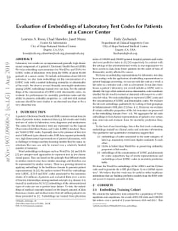 Evaluation of Embeddings of Laboratory Test Codes for Patients at a
  Cancer Center