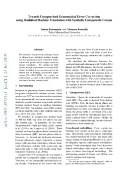 Towards Unsupervised Grammatical Error Correction using Statistical
  Machine Translation with Synthetic Comparable Corpus