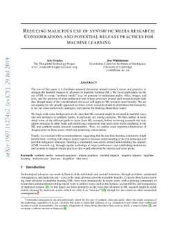 Reducing malicious use of synthetic media research: Considerations and
  potential release practices for machine learning