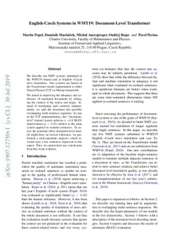 English-Czech Systems in WMT19: Document-Level Transformer