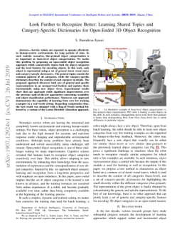 Look Further to Recognize Better: Learning Shared Topics and
  Category-Specific Dictionaries for Open-Ended 3D Object Recognition