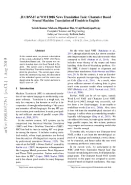 JUCBNMT at WMT2018 News Translation Task: Character Based Neural Machine
  Translation of Finnish to English