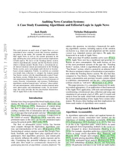 Auditing News Curation Systems: A Case Study Examining Algorithmic and
  Editorial Logic in Apple News