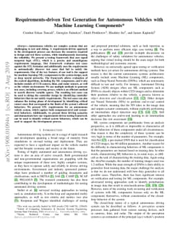 Requirements-driven Test Generation for Autonomous Vehicles with Machine
  Learning Components