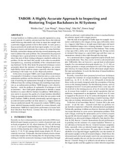 TABOR: A Highly Accurate Approach to Inspecting and Restoring Trojan
  Backdoors in AI Systems