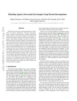 Defending Against Adversarial Iris Examples Using Wavelet Decomposition