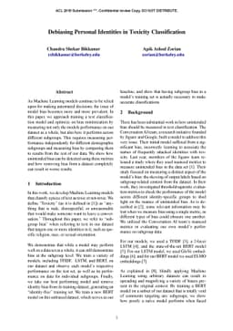Debiasing Personal Identities in Toxicity Classification