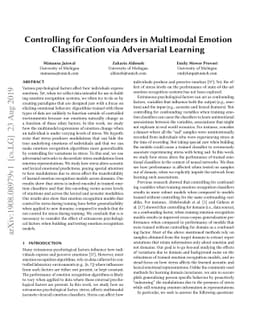 Controlling for Confounders in Multimodal Emotion Classification via
  Adversarial Learning