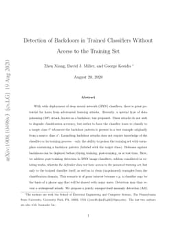 Detection of Backdoors in Trained Classifiers Without Access to the
  Training Set