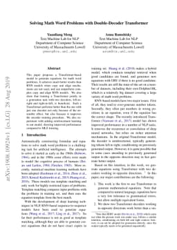 Solving Math Word Problems with Double-Decoder Transformer