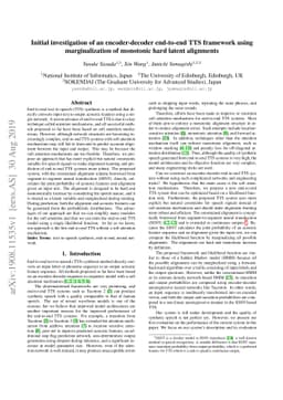 Initial investigation of an encoder-decoder end-to-end TTS framework
  using marginalization of monotonic hard latent alignments