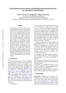 Deep Reinforcement Learning with Distributional Semantic Rewards for
  Abstractive Summarization