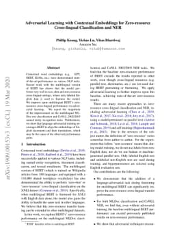 Adversarial Learning with Contextual Embeddings for Zero-resource
  Cross-lingual Classification and NER