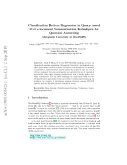 Classification Betters Regression in Query-based Multi-document
  Summarisation Techniques for Question Answering: Macquarie University at
  BioASQ7b