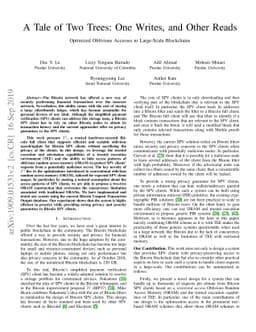 A Tale of Two Trees: One Writes, and Other Reads. Optimized Oblivious
  Accesses to Large-Scale Blockchains
