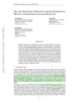 On the Need for Topology-Aware Generative Models for Manifold-Based
  Defenses