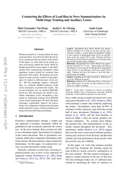 Countering the Effects of Lead Bias in News Summarization via
  Multi-Stage Training and Auxiliary Losses