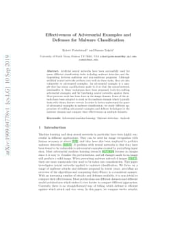 Effectiveness of Adversarial Examples and Defenses for Malware
  Classification