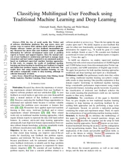 Classifying Multilingual User Feedback using Traditional Machine
  Learning and Deep Learning