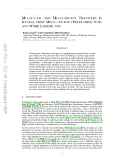 Multi-view and Multi-source Transfers in Neural Topic Modeling with
  Pretrained Topic and Word Embeddings