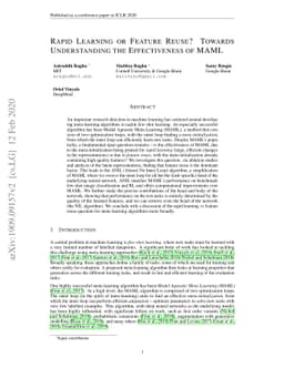 Rapid Learning or Feature Reuse? Towards Understanding the Effectiveness
  of MAML