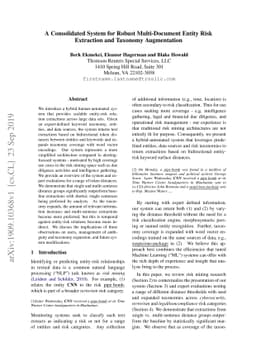 A Consolidated System for Robust Multi-Document Entity Risk Extraction
  and Taxonomy Augmentation