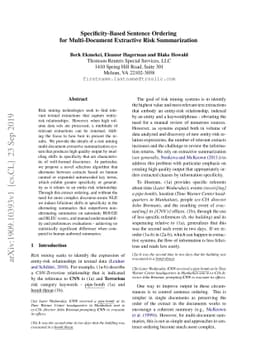 Specificity-Based Sentence Ordering for Multi-Document Extractive Risk
  Summarization