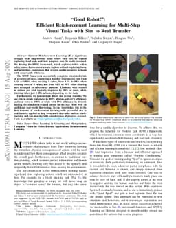 "Good Robot!": Efficient Reinforcement Learning for Multi-Step Visual
  Tasks with Sim to Real Transfer