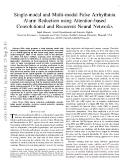 Single-modal and Multi-modal False Arrhythmia Alarm Reduction using
  Attention-based Convolutional and Recurrent Neural Networks