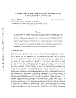 Models under which random forests perform badly; consequences for
  applications