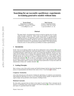 Searching for an (un)stable equilibrium: experiments in training
  generative models without data