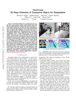 ClearGrasp: 3D Shape Estimation of Transparent Objects for Manipulation
