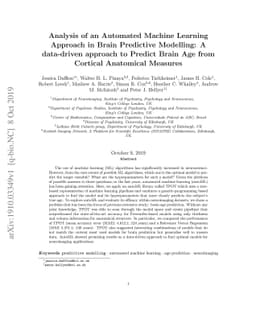 Analysis of an Automated Machine Learning Approach in Brain Predictive
  Modelling: A data-driven approach to Predict Brain Age from Cortical
  Anatomical Measures