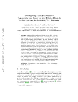 Investigating the Effectiveness of Representations Based on
  Word-Embeddings in Active Learning for Labelling Text Datasets