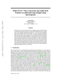 MelGAN-VC: Voice Conversion and Audio Style Transfer on arbitrarily long
  samples using Spectrograms