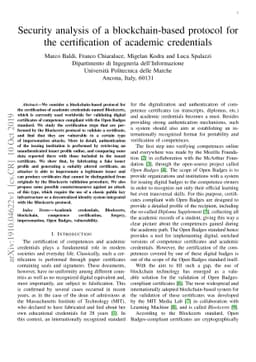 Security analysis of a blockchain-based protocol for the certification
  of academic credentials