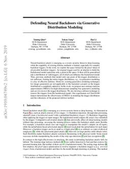 Defending Neural Backdoors via Generative Distribution Modeling