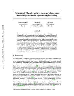 Asymmetric Shapley values: incorporating causal knowledge into
  model-agnostic explainability