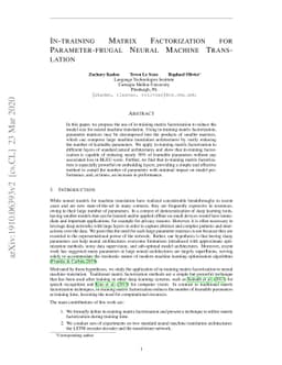In-training Matrix Factorization for Parameter-frugal Neural Machine
  Translation