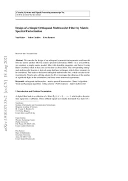 Design of a Simple Orthogonal Multiwavelet Filter by Matrix Spectral
  Factorization
